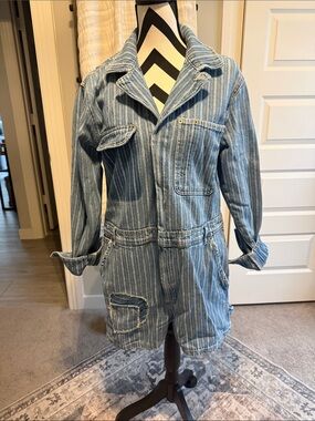 Striped Blue Denim Utility short overalls